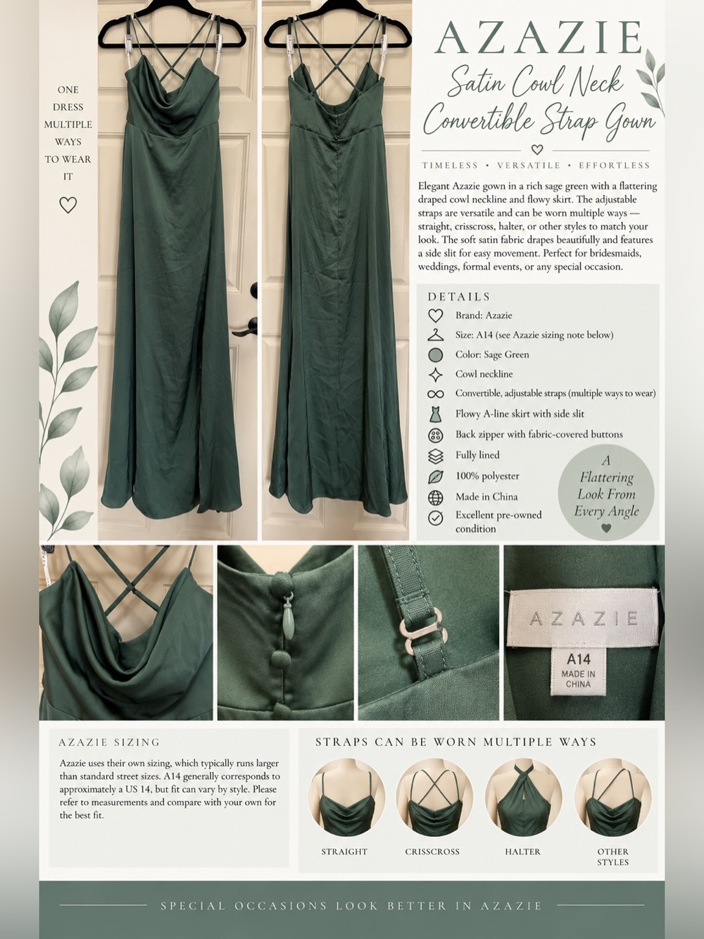Azazie A14 Sage Green Satin Cowl Neck Convertible Strap Bridesmaid Gown
